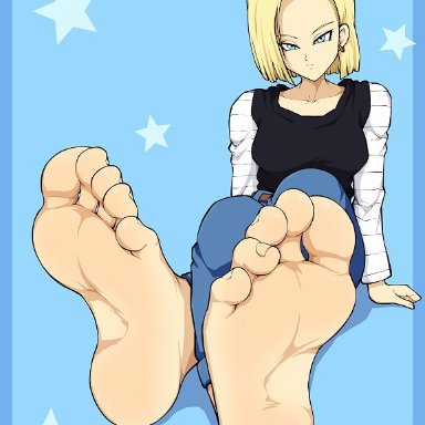 dragon ball, dragon ball z, toei animation, android 18, lewdsaiga, 1girl, 5 toes, android, anime girl, asian, asian female, blonde hair female, blue background, blue eyes female, casual clothes