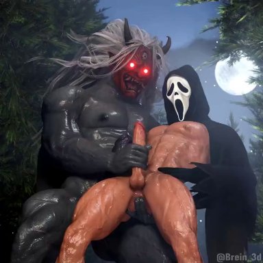 dead by daylight, ghostface, the oni (dbd), brein 3d, 2boys, anal fingering, anal insertion, anus, asshole, bara, big penis, cum, cumming, ejaculation, erect penis