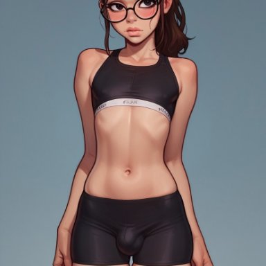 claire (truep81), 1boy, androgynous, brown hair, bulge, crossdressing, femboy, feminine male, glasses, long hair, male, male only, ponytail, sports bra, sports shorts