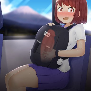 shoko haine (ftnranat), ftnranat, 1futa, backpack, balls, big penis, blush, breasts, brown hair, clothed, clothing, crazy eyes, crazy smile, erection, exhibitionism