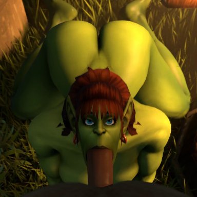 world of warcraft, orc (warcraft), kaminakirei, 1boy, 1girls, areolae, ass, assertive female, blowjob, breasts, closed eyes, fellatio, female, human, interracial