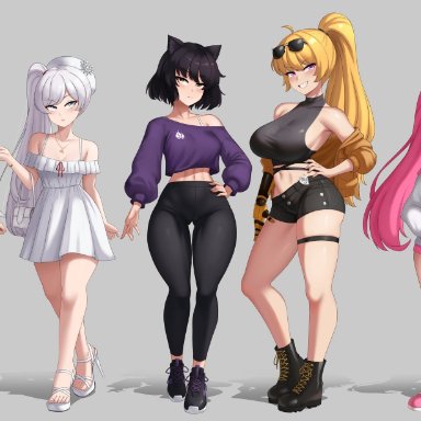 rwby, blake belladonna, neo (rwby), ruby rose, weiss schnee, yang xiao long, cslucaris, 5girls, amputee, baggy pants, bare shoulders, big breasts, black hair, blonde hair, boots