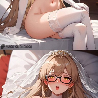 original character, magosilencioso, anal sex, cock ring, femboy, flat chest, leaking precum, missionary position, moaning, nipples, otoko no ko, sissy, trap, wedding dress, wedding lingerie