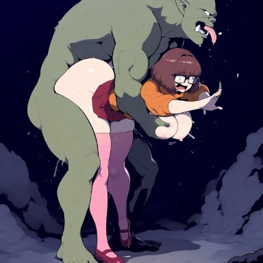 scooby-doo, velma dinkley, ironcladart, bouncing breasts, crying, from behind position, gigantic ass, grabbing breasts, grabbing from behind, huge ass, huge breasts, milf, monster, rape, red hair