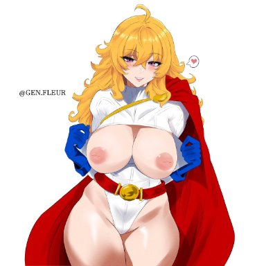 dc, dc comics, rwby, superman (series), power girl (cosplay), yang xiao long, genfleur0108, 1girls, big breasts, blonde hair, breasts, cosplay, female, female only, huge breasts