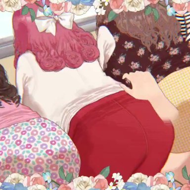 ryokucha michi, 4girls, ass, ass slap, big ass, disembodied hand, moaning, multiple girls, panties down, panties removed, pants down, pants pull, skirt lift, skirt pull, spanking