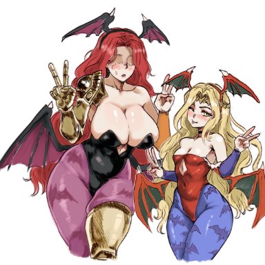 capcom, darkstalkers, elden ring, lilith aensland (cosplay), malenia blade of miquella, miquella, morrigan aensland (cosplay), bocchichona, 1boy, 1girls, armwear, big breasts, blonde hair, blush, breasts