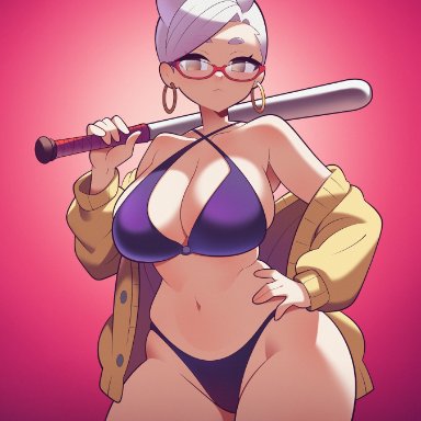 dandadan, ayase seiko, flipherrrr, baseball bat, bikini, breasts, brown eyes, coat, female, female only, gilf, glasses, gray hair, hand on hip, light skin