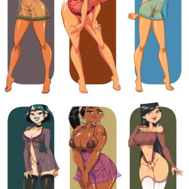 total drama island, bridgette (tdi), courtney (tdi), gwen (tdi), heather (tdi), leshawna (tdi), lindsay (tdi), omiiverse, 1girls, 6girls, areolae, asian, asian female, ass, athletic