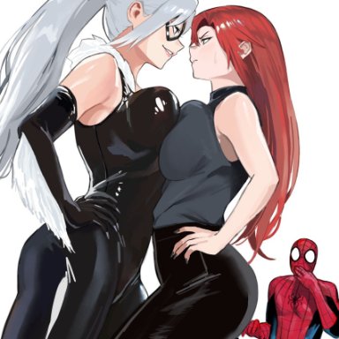 avengers, gwen, marvel, marvel comics, spider-man (series), black cat (marvel), carol, felicia hardy, jessica, mary jane watson, peter parker, spider-man, 1boy2girls, ass, dark skin