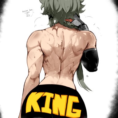 zenless zone zero, caesar king, caesar king (zenless zone zero), masoq095, 1girls, athletic, athletic female, bare arms, bare back, bare shoulders, facing away, female, female focus, female only, green hair