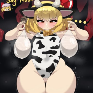 touhou, flandre scarlet, rumia, mistpirit, ..., 2girls, ass, big ass, big butt, blonde hair, bottom heavy, bubble butt, cow ears, cow girl, cow print