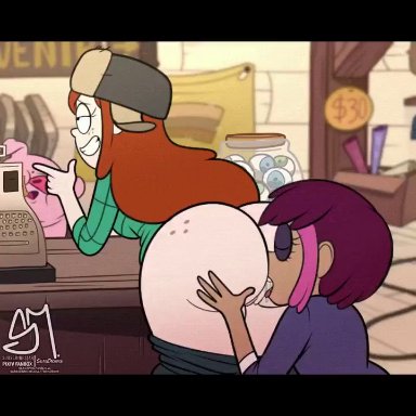 disney, disney channel, disney xd, gravity falls, tambry, waddles, wendy corduroy, musi cassie, semidraws, 2girls, ass, biting lip, bottomless, female only, gf