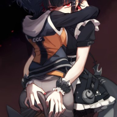 zenless zone zero, belle (zenless zone zero), ellen joe, 2girls, ass grab, black hair, eye contact, female, female only, glaring, hug, hugging, looking at viewer, maid, maid uniform