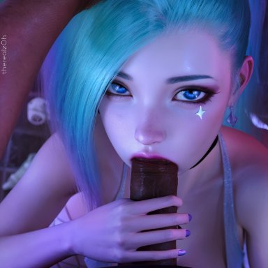 k/da series, league of legends, riot games, seraphine (league of legends), therealzoh, black shirt, blowjob, dark-skinned male, earrings, fellatio, hand on another's head, hand on penis, interracial, prostitute, prostitution