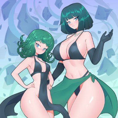 one-punch man, fubuki (one-punch man), tatsumaki, fullmontis, 2girls, big ass, big breasts, bikini top, black bikini, blue eyes, el clive (edited), el clive was here, female, female only, green eyes