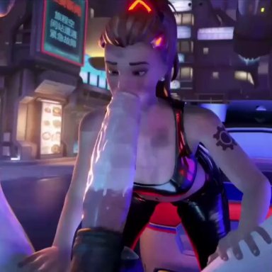 overwatch, brigitte, thebartender, 1boy, 1girls, bestiality, car, city, deepthroat, exhibitionism, eyes rolling back, female on feral, fully clothed, hand on leg, horse