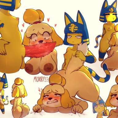 animal crossing, nintendo, ankha, ankha (animal crossing), isabelle (animal crossing), 1futa, 1girls, anthro, blowjob, doggy style, dominant female, domination, female, female on bottom, furry