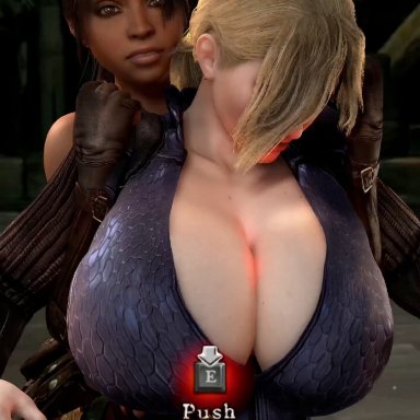 capcom, resident evil, resident evil 5, virt-a-mate, jill valentine, jill valentine (blonde), sheva alomar, vaako, 2girls, african, african female, alternate breast size, annoyed, annoyed expression, big breasts