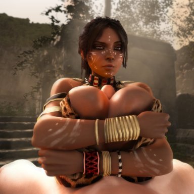 resident evil, resident evil 5, sheva alomar, vaako, 1boy, 1girls, alternate breast size, big breasts, big penis, breast grab, breast hold, breast squeeze, breasts, breasts bigger than head, breasts bigger than torso