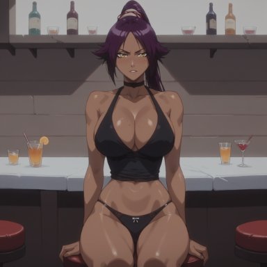 bleach, shihouin yoruichi, 1girls, purple hair, solo, yellow eyes, ai assisted, ai generated