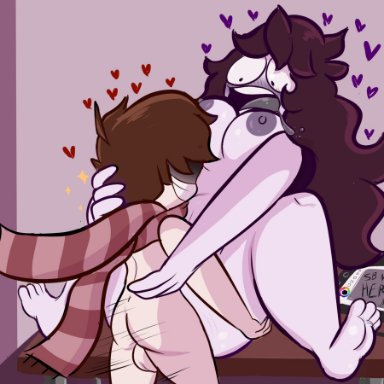 jaiden animations, youtube, jaiden, scarf boy, dourlycare, 1boy, 1girls, alternate breast size, big breasts, bigger female, blush, breasts, brown hair, desk, drawing tablet