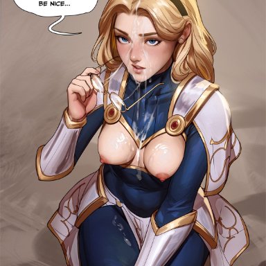 league of legends, luxanna crownguard, tarakanovich, 1girls, after oral, after sex, blonde hair, blush, breasts out, chubby, clothed, clothed sex, covered in cum, cum, cum on body