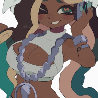 nintendo, splatoon, splatoon 2, splatoon 2: octo expansion, marina (octo expansion), marina (splatoon), octoling, octoling girl, kiirono, 1girls, adapted costume, bandana, big breasts, black hair, bra