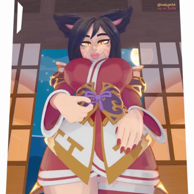 league of legends, riot games, twitter, ahri, vastaya, insign34, is34, 1futa, 1girls, animal ears, balls, big breasts, big penis, black hair, breasts