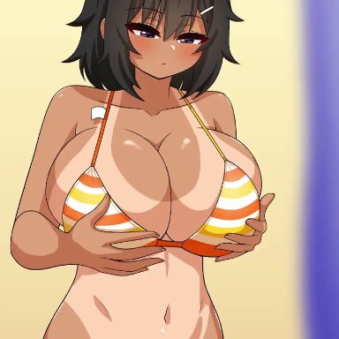 himiko (the only shoe), the only shoe, 1girls, bikini, bikini top, black eyes, blush, blushing at viewer, breast smack, breasts, dressing room, embarrassed, huge breasts, jiggling breasts, large breasts