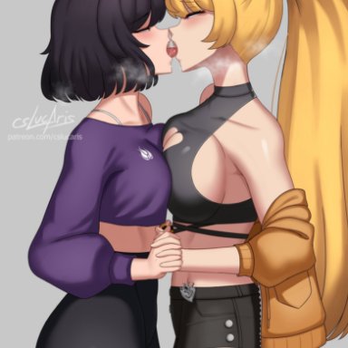 rwby, blake belladonna, yang xiao long, cslucaris, 2girls, bare shoulders, big breasts, black hair, blonde hair, blush, booty shorts, bra strap, breasts, canon couple, cat ears