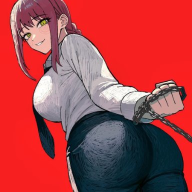 chainsaw man, shounen jump, makima (chainsaw man), zeon (zzeeonn), ass, ass focus, beautiful females, big ass, big breasts, big butt, chain, chain leash, crazy eyes, devious grin, devious smile