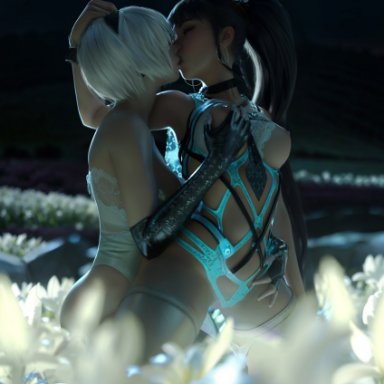 nier: automata, stellar blade, eve (stellar blade), yorha 2b, 2girls, arm around head, arm around waist, hand on breast, hand on head, kissing, lillies, lingerie, night, outdoors, partially clothed