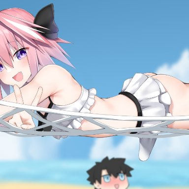 fate (series), astolfo (fate), kitajima yuuki, bulge, crossdressing, femboy, feminine male, girly, hammock, imminent sex, otoko no ko, peace sign, smile, swimsuit