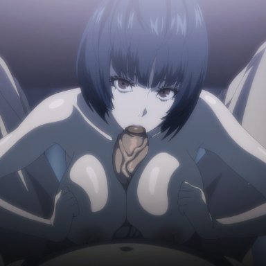 persona 5, tae takemi, darkleo582, 1boy, 1girls, absurdly large cock, anime, bare breasts, big breasts, big penis, black hair, blowjob, boobjob, busty, cleavage