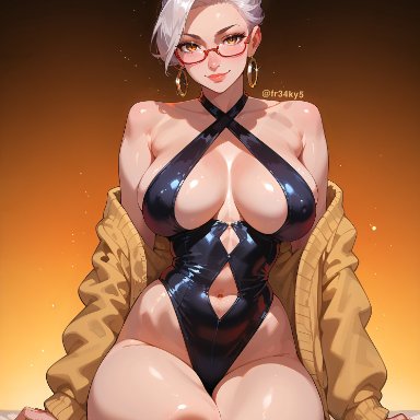 dandadan, ayase seiko, fr34ky, 1girls, cleavage, female, gilf, granny, huge breasts, leotard, mature female, sagging breasts, sweater, white hair, ai generated