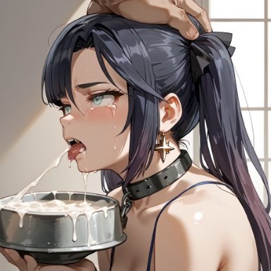 genshin impact, mona (genshin impact), blush, bowl, breasts, collar, cum, cum bowl, cum trail, excessive cum, head grab, heavy breathing, indoors, open mouth, petplay