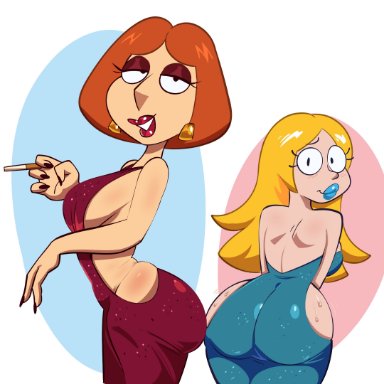 american dad, family guy, francine smith, lois griffin, monamania, 2girls, ass, big ass, blonde hair, bottom heavy, breasts, bubble butt, dress, fat ass, female