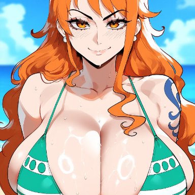 one piece, nami, nami (one piece), juuicyai, bikini, blush, breasts, female, female only, huge breasts, massive ass, massive breasts, necktie, nipples, orange eyes