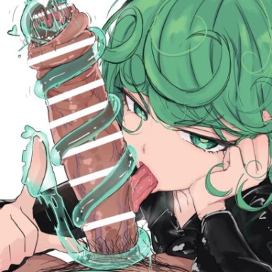 one-punch man, tatsumaki, 1boy, 1girls, green hair, licking, looking at viewer, tongue out, bar censor, censor bar, censored, tagme