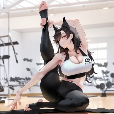 azur lane, atago (azur lane), liu (artist), 1girls, animal ears, animal girl, arm up, dog ears, dog girl, feet, feet up, grabbing own leg, gym, gym clothes, gym clothing