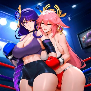 genshin impact, raiden shogun, yae miko, racerai, 1girls, 2futas, 2girls, animal ears, bangs, boxing gloves, braid, breasts, bulge, cleavage, closed eyes