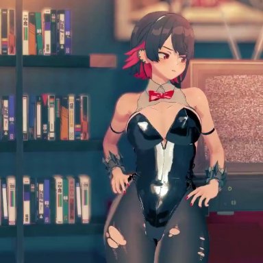 zenless zone zero, belle (zenless zone zero), ellen joe, wise (zenless zone zero), anna anon, koro22, 1boy, 1boy2girls, 2girls, big breasts, black hair, blue hair, books, bookshelf, breasts