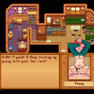 stardew valley, penny (stardew valley), theevilfallenone, carpet matching drapes, cum on face, dirty talk, ginger, missionary position, panties aside, red hair, sex, sprites, straight, underboob, vaginal penetration