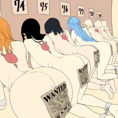 one piece, boa hancock, nami, nami (one piece), nefertari vivi, nico robin, iwao178, 6+girls, all fours, ass, back tattoo, bad end, barefoot, black hair, blue hair