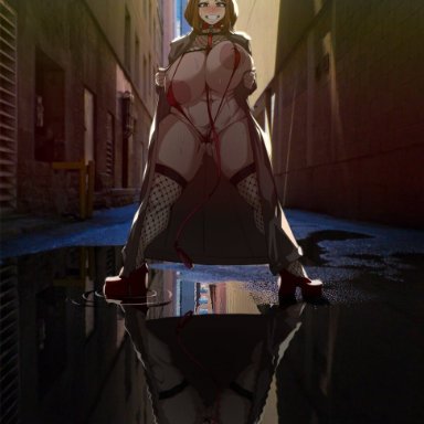 boku no hero academia, my hero academia, ochako uraraka, uraraka ochako, anguriask, 1girls, alley, alleyway, big breasts, bikini, bimbo, coat, collar, collar and leash, exhibitionism