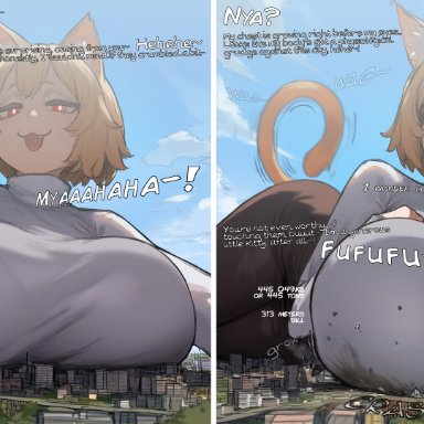 type-moon, neco-arc, artist request, karnamas, :3, animal ears, ass, big breasts, blonde hair, blue sky, breast expansion, breast press, breast suppress, bright pupils, brown pants