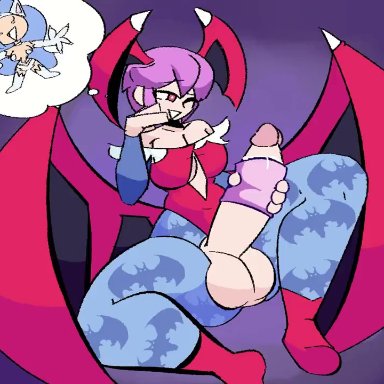 darkstalkers, felicia, felicia (darkstalkers), lilith aensland, poodleskapoodle, 1futa, balls, big breasts, big penis, breasts, clothed, clothing, cum, cumshot, ejaculation