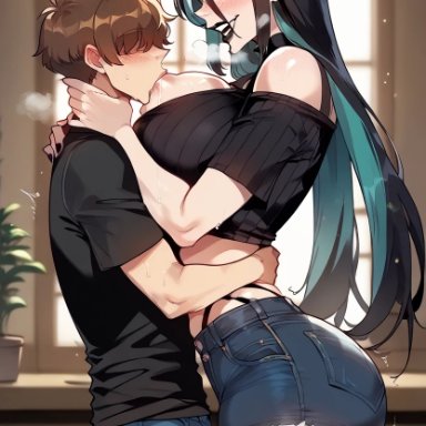 original, original art, original artwork, oc, original character, smokeye, 1boy, 1boy1girl, big ass, black hair, black lipstick, black shirt, breast sucking, breasts, face-to-face