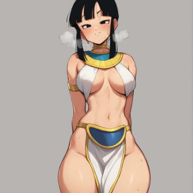 dragon ball, dragon ball z, chichi, notreallyhere, 1girls, armlet, black eyes, black hair, blush, breasts, egyptian, egyptian clothing, female, hair bun, half-closed eyes